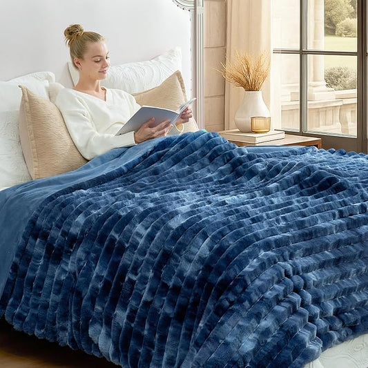 Cozy Bliss Faux Fur Throw Blanket for Couch, Cozy Warm Plush Striped Blanket for Sofa Bedroom Living Room, 108 * 90 Inches Tie-dye Blue
