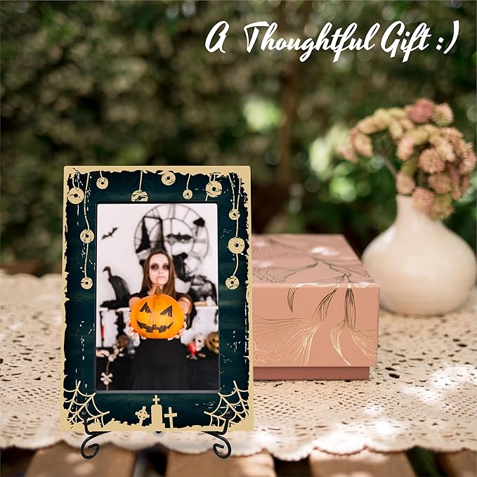 4X6" Halloween Picture Frame With A Metal Stand-Dark Style,Gifts for Kids Friends Family, Spider Web Wooden Photo Frame For Tabletop Display,Black Print,Halloween Decoration,Halloween Theme-A25