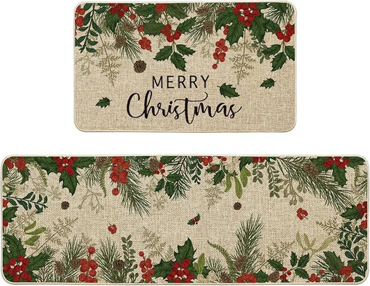 Artoid Mode Leaves Holly Merry Christmas Kitchen Mats Set of 2, Winter Home Decor Low-Profile Kitchen Rugs for Floor - 17x29 and 17x47 Inch
