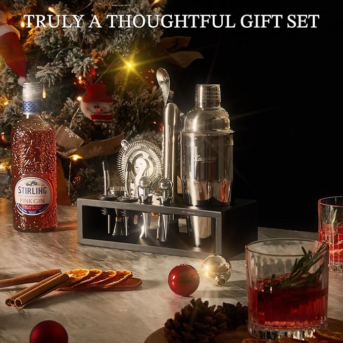 KITESSENSU 12-Piece Cocktail Shaker Set with Stand | Mixology Bartender Kit Bar Set with Essential Bar Accessories for Home Bar: Martini Shaker, Jigger, Muddler, Bar Spoon | Drink Mixer Cocktail Kit