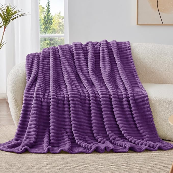 BEDELITE Twin Blanket for Couch & Bed, 300GSM Soft & Warm Fleece Blanket, Decorative and Giftable Striped Purple Blankets for Women, Men, 60"x80"