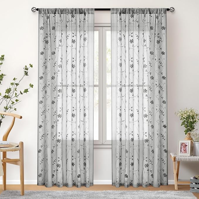 HOMEIDEAS Grey Sheer Curtains 96 Inches Long 2 Panels Embroidered Floral Pattern Semi Sheer Window Curtains for Bedroom Living Room