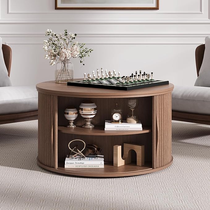 Lift Top Coffee Table with Storage,31.5”Mid Century Modern Round Center Table with Hidden Compartment,Fluted Small Dining Table for Living Room,Home Office,Walnut