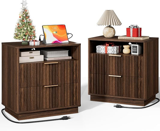 Large Fluted Nightstand Set of 2 with Charging Station, 23" Modern Farmhouse Night Stand, 2 Drawers End Table with Storage, Bedside Table for Bedroom Sofa Home Office (Walnut)