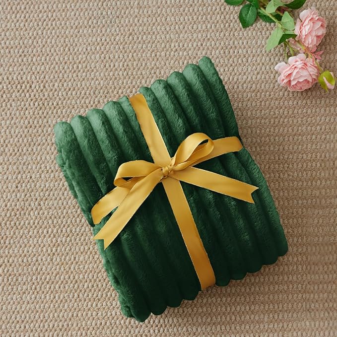 BEDELITE Twin Blanket for Couch & Bed, 300GSM Soft & Warm Fleece Blanket, Decorative and Giftable Striped Forest Green Blankets for Women, Men, 60"x80"