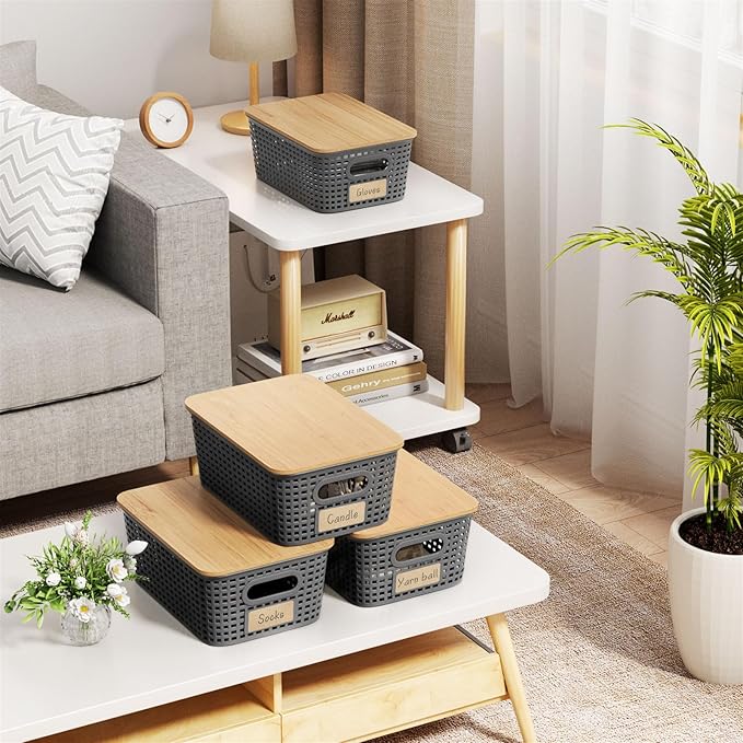 Small Storage Bins with Bamboo Lid, Plastic Storage Box with Lid, 5QT Stackable Organizing Basket with Lable, Storage Container for Classroom, Office, Closet, Shelf Organization, 10x7x4 In-Grey-6 Pcs