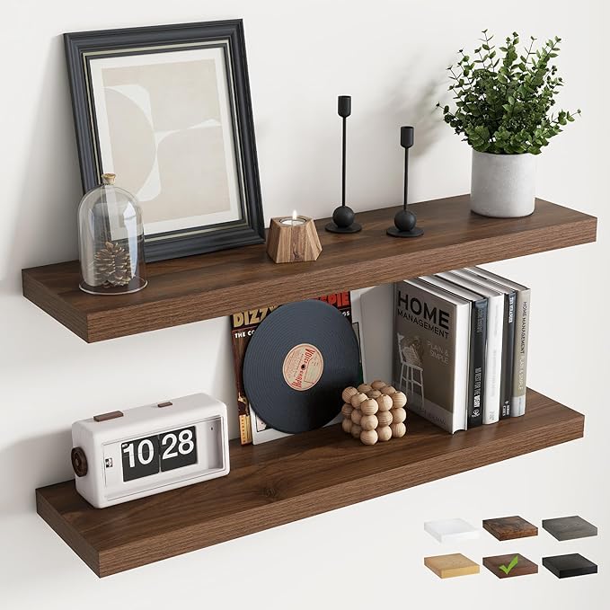 36 Inch Floating Shelves for Wall Set of 2, 8"D Wood Grain Bathroom Shelves with Invisible Brackets, Easy Install Engineered Wood Storage Shelves for Kitchen, Living Room, Bedroom, Walnut Finish