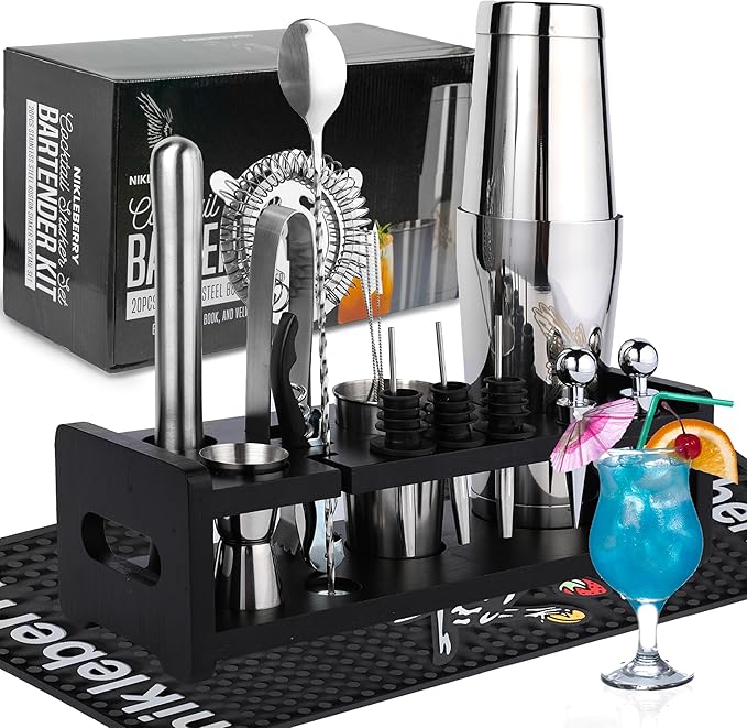 Premium 20 Piece Cocktail Shaker Set with Weighted Boston Shaker and Stand | Bartender Kit with Large Spill Catching Bar Mat - Recipe Book - Velvet Bag - Rustproof | Perfect for Mixology