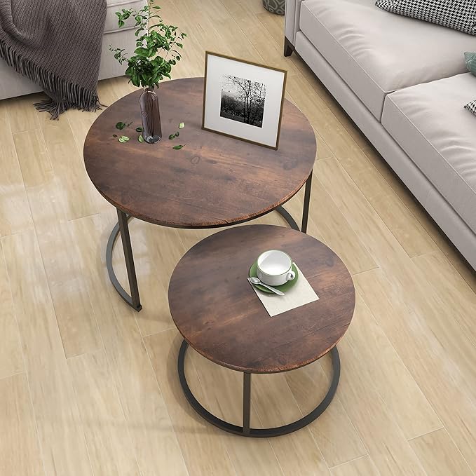 HOJINLINERO Industrial Round Coffee Table Set of 2 End Table for Living Room,Stacking Side Tables, Sturdy and Easy Assembly,Wood Look Accent Furniture with Metal Frame,Black+Rustic Brown