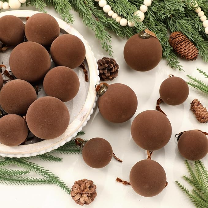 36 Pcs Velvet Christmas Balls Bulk - Flocked Christmas Tree Ball Ornaments Hanging Decoration for Xmas Tree, Wreath, Home or Party Decorations, 2.36", 2.76", 3.15"(Brown)