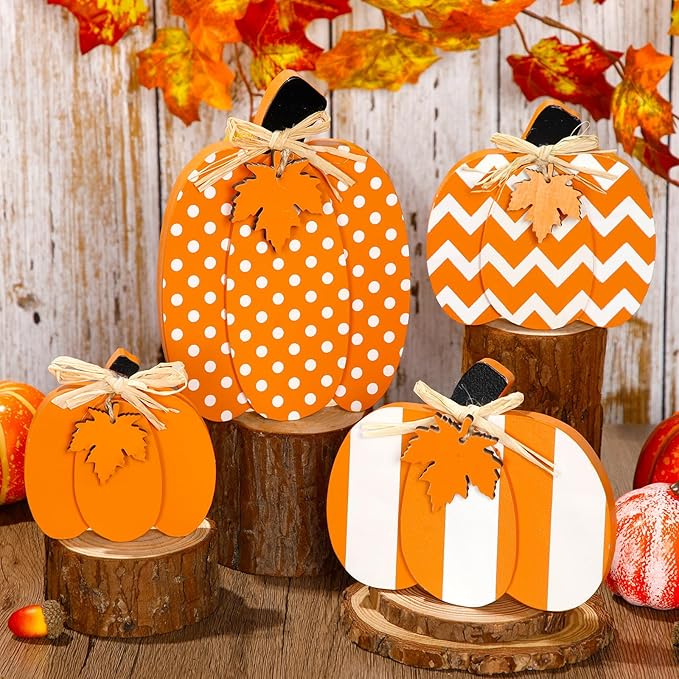 4 Pcs Fall Pumpkin Decor 3D Pumpkin Wooden Tabletop Signs Farmhouse Thanksgiving Autumn Standing Table Centerpieces Rustic Tiered Tray Decor for Home Kitchen Harvest Party(Orange and White)