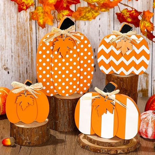 4 Pcs Fall Pumpkin Decor 3D Pumpkin Wooden Tabletop Signs Farmhouse Thanksgiving Autumn Standing Table Centerpieces Rustic Tiered Tray Decor for Home Kitchen Harvest Party(Orange and White)