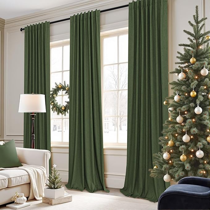 Christmas Green Blackout Curtains for Bedroom Linen Light Pale Olive Green Room Darkening Window Drape Black Out Dark Curtains for Ceiling Door Living Mid Century Modern Decor 108 Inches Long 2 Panels