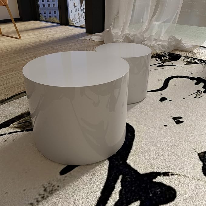 Round Coffee Table Set of 2, Nesting Coffee Table and End Table Set Wood Small Circle Drum Side Table for Living Room Office, No Assembly,White