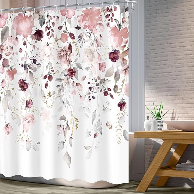 Floral Flower Shower Curtain 60Wx72L Inch Grey Pink Floral Blossom Eucalyptus Leaves Botanical Watercolor Wildflower Plant Girls Bathroom Set Rustic Bath Curtain Bathtub Accessories Home Decor