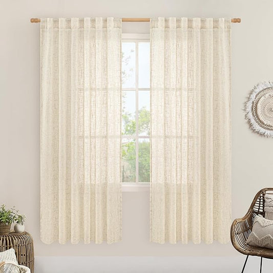LAMIT Beige Linen Curtains for Living Room 2 Panels Set, 78 Inch Faux Linen Textured Light Filtering Drapes Back Tab and Rod Pocket Boho Panels for Farmhouse/Bedroom/Porch, 52 x 78 Inch