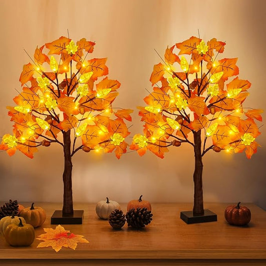 2 Pack 24 Inch Prelit Fall Maple Tree with 48 LED Lights Timer Battery Operated Light Up Acorn Maple Tree for Fall Autumn Thanksgiving Artificial Home Indoor Halloween Decor
