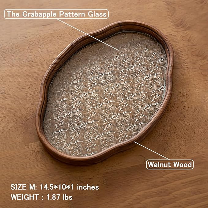 IwaiLoft Glass Serving Tray with The Crabapple Pattern Glass and Walnut for Kitchen Countertop Home Decor for Coffee Table, Also Suitable for Tea Coffee Decorative Trays (Clear,14.5" x 10" x 1")