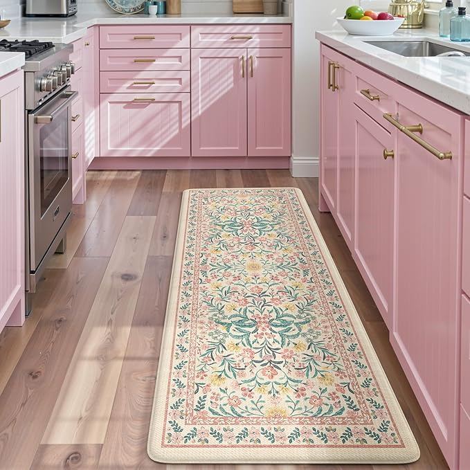Collive Kitchen Mats Cushioned Anti Fatigue, Non Slip Waterproof Kitchen Floor Mat Modern Pink Floral Sink Rug, Comfort Desk Standing Rugs for Bedroom, Laundry, Home Office, 2'x5'