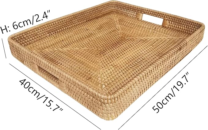 i-lan 20 Inch Handmade Rectangular Countertop Serving Trays with Cutout Handles,Rustic Decorative Rattan Woven Platter Holding Breakfast,Fruits,All Dish and Table Accessories.