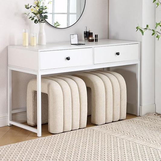 Multi-Functional Ottoman Stool Set of 2, Footrest for Couch, Modern Vanity Stool for Make-up Room, Living Room and Entryway, Small Cute Footstool (Beige Linen)
