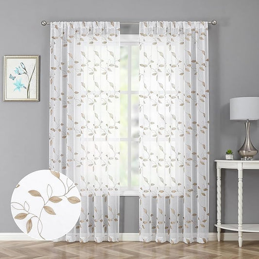 Tollpiz Taupe Leaf Sheer Curtain Leaves Embroidered Living Room Curtains Rod Pocket Voile Window Treatment for Bedroom, 54 x 72 inches Long, Set of 2 Panels