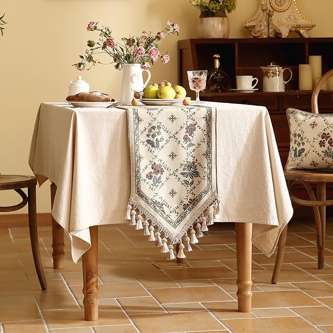 patdrea Designer Vintage Floral Linen Table Runner 71 Inch Long, Beige Cottage Rustic Bouquets Pattern Table Mat,Decor for Kitchen Dining Coffee Table Shelf Cabinet Banquet Christmas ,12"*71"