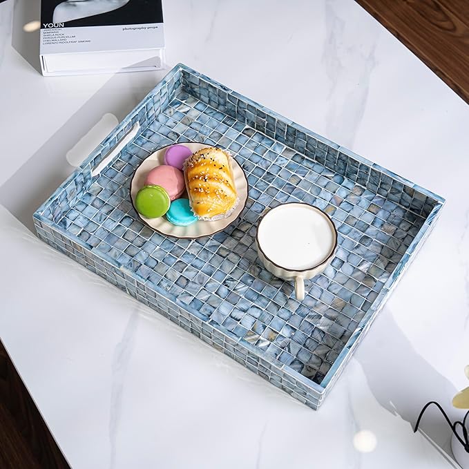PEMAR Rectangular Mother of Pearl Serving Tray Nacre Wood Lap Ottoman Tray for Coffee Table, Luxury Decorative Handmade Eating Platters w Insert Handles (Blue)