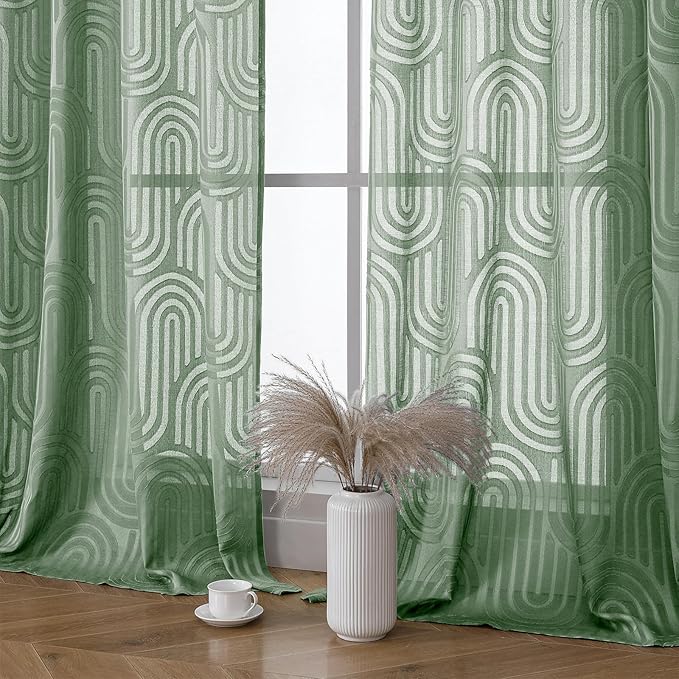 Simplebrand Sage Green Sheer Curtains 96 Inches Long 2 Panels for Living Room, Jacquard Clip Textured Geometric Mid Century Sheer Curtains, Light Filtering Elegant Long Curtains Sheer, 42" Wx96 L