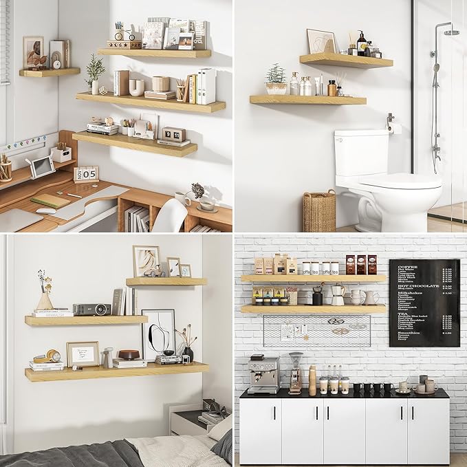 RICHFOCUS 72Inch Floating Shelves for Wall 2 Pack Shelves for Bedroom|Kitchen|Bathroom Wall Mounted Rustic Wood Floating Shelf with Invisible Brackets for Books|Storage|Decor, Oak