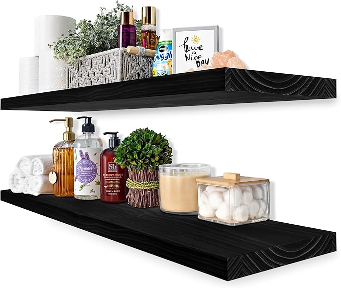 Sorbus Wood Floating Shelves for Wall - 35” Solid Wood Wall Shelves for Bathroom Decor, Books, Bedroom & Living Room - Set of 2 Black Wall Mounted Kitchen Shelves - Durable Solid Pine