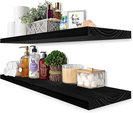 Sorbus Wood Floating Shelves for Wall - 35” Solid Wood Wall Shelves for Bathroom Decor, Books, Bedroom & Living Room - Set of 2 Black Wall Mounted Kitchen Shelves - Durable Solid Pine