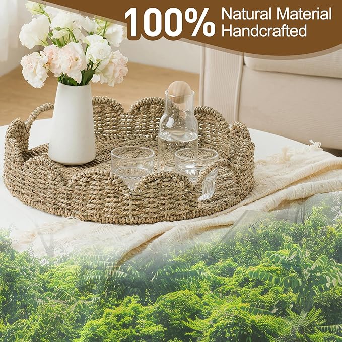 Wicker Tray, Handwoven Woven Tray with Handles and Scalloped Edge, Round Wicker Basket for Home Decor and Organizing, 16.9" L x 16.9" W x 3.5" H