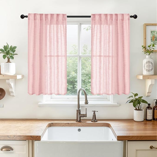 YoungsTex Light Pink Cafe Linen Curtains 40 Inch Length for Small Window, Half Window Drapes Light Filtering with Rod Pocket Back Tab for Bathroom, 2 Panels, 34 X 40 Inch