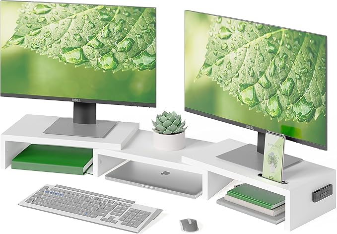 BONTEC Dual Monitor Stand for Desk, Adjustable Length and Angle Monitor Stand Riser with Smartphone Holder, Desk Shelf for Top of Desk, Computer Monitor Stand with Storage, Office Desk Organizer, White