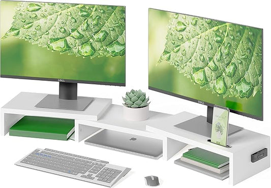 BONTEC Dual Monitor Stand for Desk, Adjustable Length and Angle Monitor Stand Riser with Smartphone Holder, Desk Shelf for Top of Desk, Computer Monitor Stand with Storage, Office Desk Organizer, White