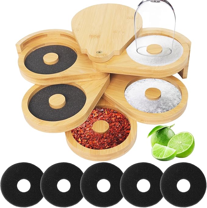 Bamboo 5-Tier Margarita Salt Rimmer Set with Swivel Lids & 5 Sponges – Cocktail Glass Rimmer for Home Bar, Bartender & Party Drinks, Eco-Friendly Design