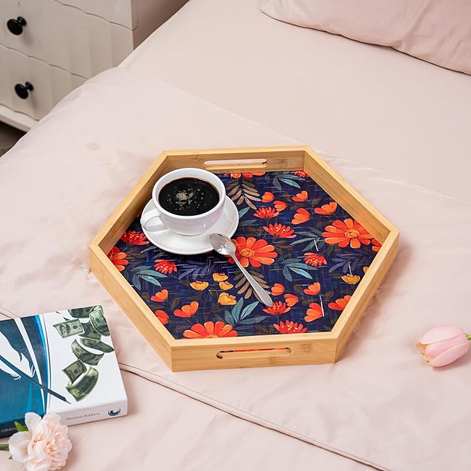 PEMAR 15.7" Hexagonal Bamboo Tray for Serving Coffee, Breakfast, Bread, Food, Art Decor. Decorative Pattern Tray for Coffee Table, Kitchen Counter, Vanity, Bedroom, Ottoman, Home Decor (Flowers)