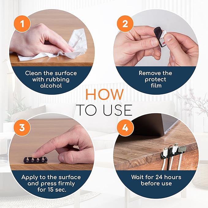 GLUIT Adhesive Desktop Cable Organizer 15 Slots Versatile Cord Holders Wire Clips and Cable Holder Cord Organizer for Desk Table Accessories Office Spaces New Black 5 Pack