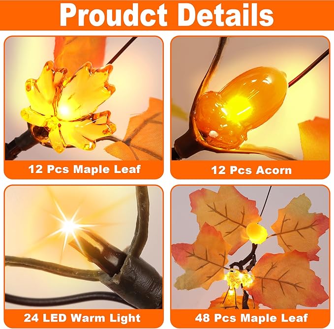 2 Pack 24 Inch Artificial Lighted Maple Tree with 48 LEDs Timer Fall Thanksgiving Decorations Battery Operated Prelit Maple Tree Table Lights for Thanksgiving Decor Home Indoor Autumn Harvest