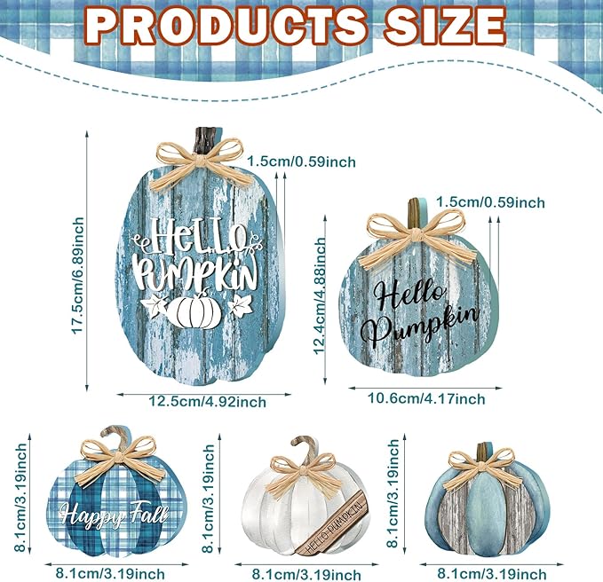 5 Pcs Fall Blue Pumpkin Decor for Home Thanksgiving Wooden Table Centerpiece Decorations Fall Wooden Pumpkin Signs for Autumn Farmhouse Home Living Room Kitchen Mantle Tabletop Supplies