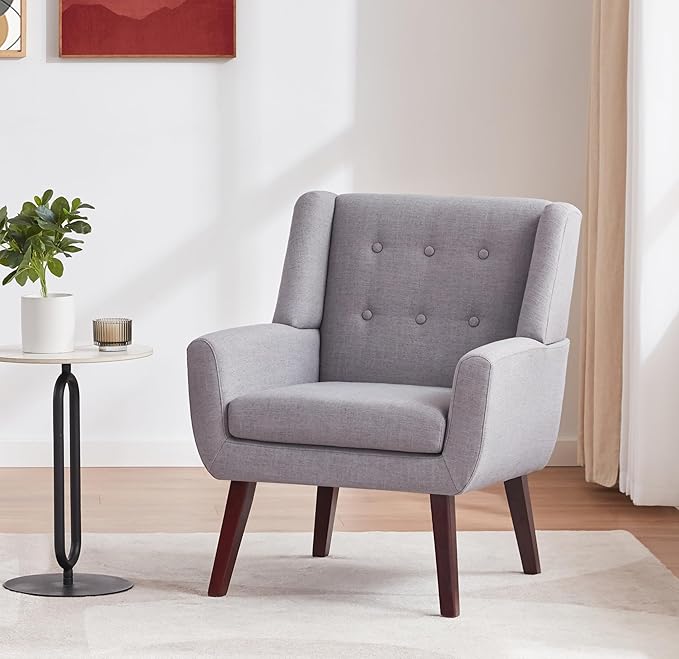HUIMO Accent Chair Living Room Chair, Upholstered Button Tufted Armchair, Linen Fabric Sofa Chairs for Bedroom, Living Room, Mid Century Modern Comfy Reading Chair (Light Grey)