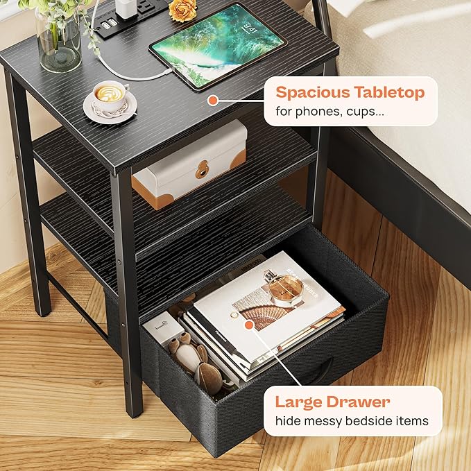 SUPERJARE Nightstand Set of 2, Bed Side Tables with Charging Station, Adjustable Fabric Drawer, Night Stand for Bedroom, 3-Tier Storage End Tables, Black, 8030BC