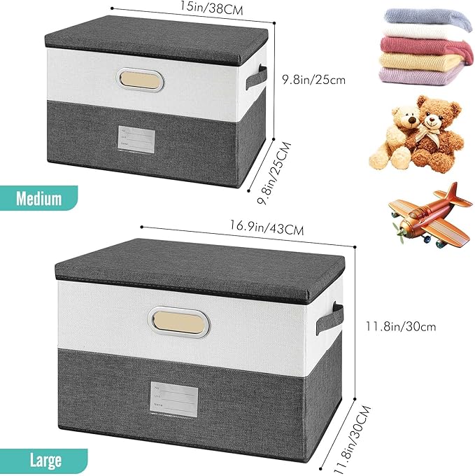 Large Linen Fabric Foldable Storage Bins with Removable Lid and Handles, Washable Storage Box Organizer Containers Baskets Cube with Cover for Bedroom,Closet,Office(Coffee&Cream, Large)