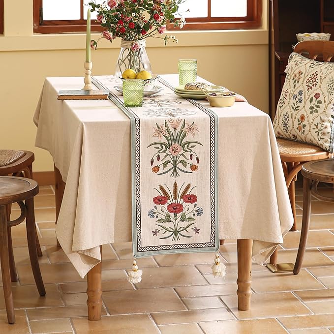 ISAENNE Designer French Country Linen Table Runner 71 Inches Long,Elegant Colorful Floral Pattern Table Runners for Dining Tables,Thanksgiving,Christmas,Kitchen Decor,12"*71"-Serenity F