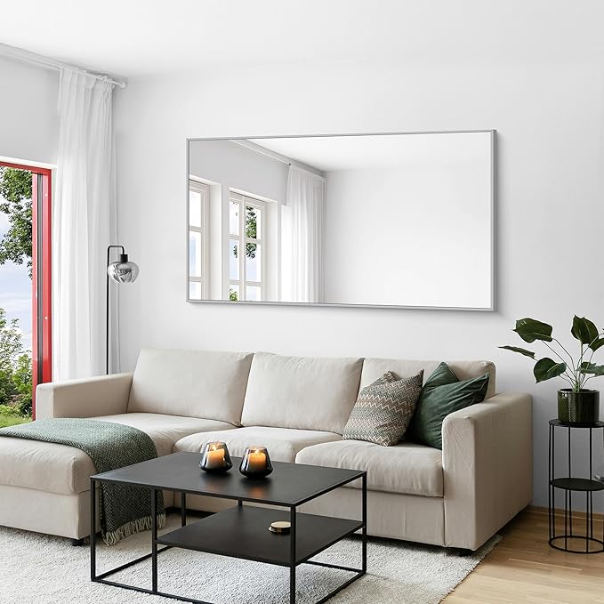 KOCUUY Large Silver Bathroom Mirror, 60x30 inch Rectangular Mirror for Bathroom Sink, Oversized Mirror with Metal Brushed Nickel Frame for Living Room, Farmhouse, Entryway, Hang Horizontal/Vertical