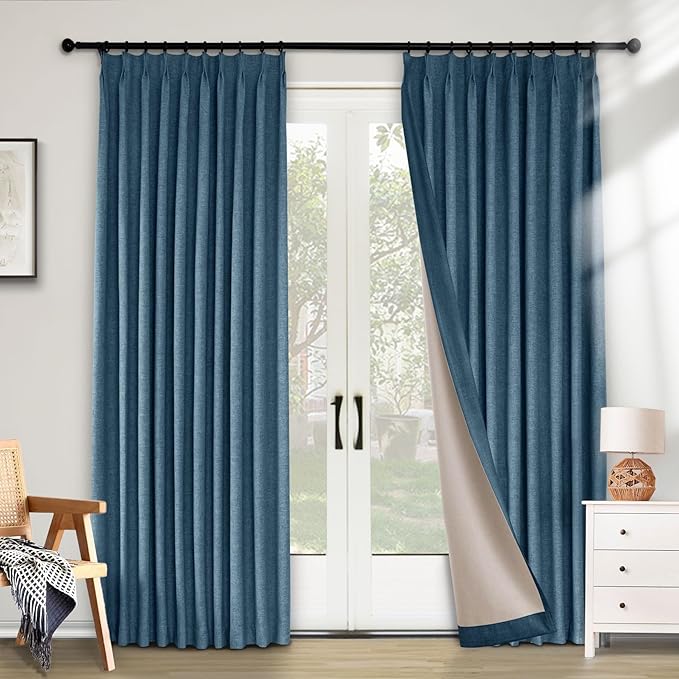 Macochico Pinch Pleated Blackout Linen Curtains 102 Inches Long, 100% Light Blocking Thermal Panels for Living Room Bedroom Farmhouse Drapery with Hooks and Tieback, Purplish Blue 52”Wx102”L 1 Panel