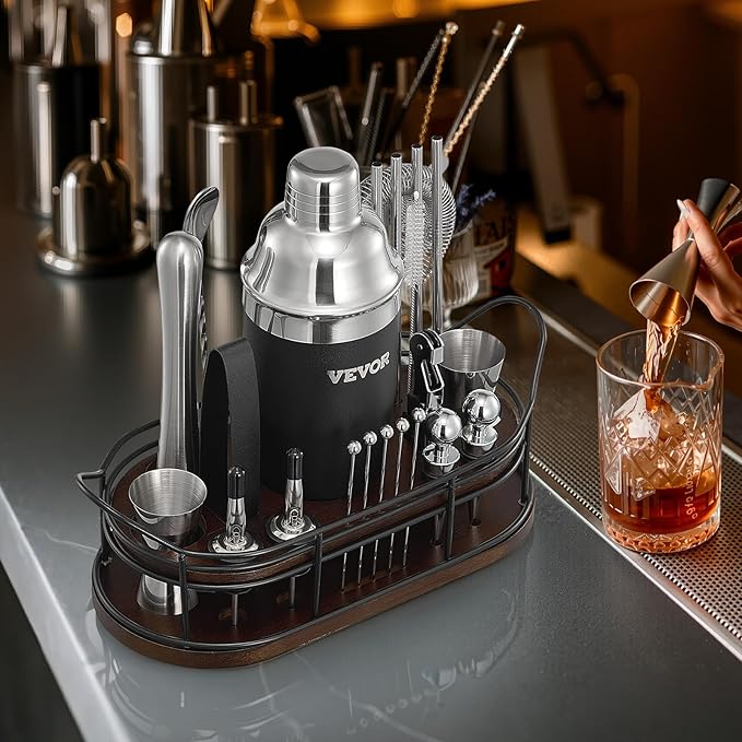 VEVOR Cocktail Shaker Set, 23-Piece Stainless Steel Bar Tools with Bamboo Stand, Martini Bartender Kit Accessories | Mixer Spoon, Muddler, Jiggers, Strainer, Liquor Pourers, Ice Tong, Corkscrew