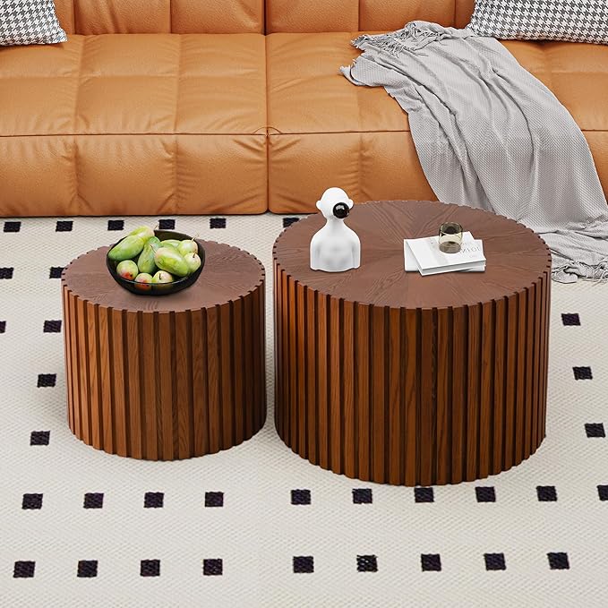 WXFKLDJ Round Nesting Coffee Table Set Cylindrical Wooden Coffee Table Sofa Center Table Circle Embossed Design Side Table for Living Room Apartment No Assembly (Striped Brown Large)
