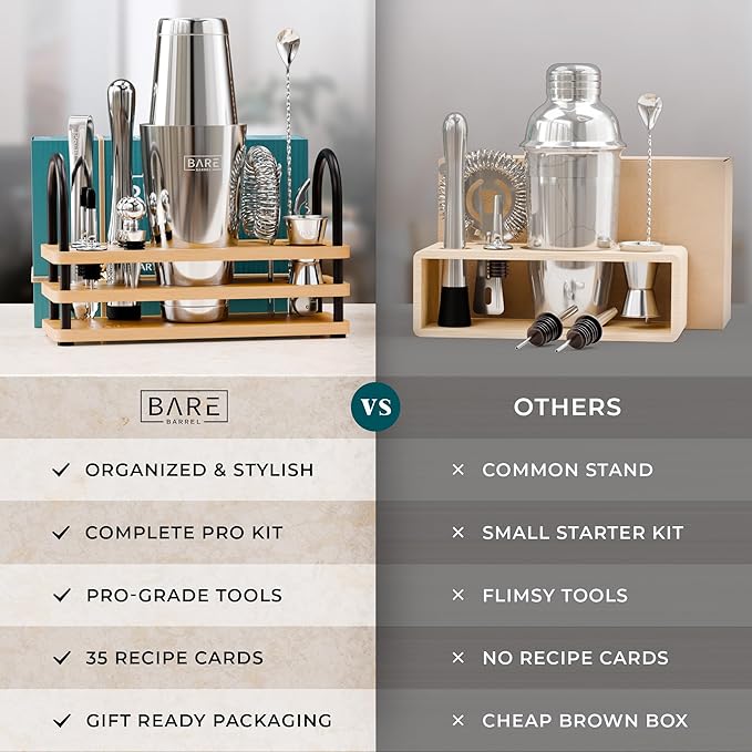 BARE BARREL® Mixology Bartender Kit Bar Set | 14-Piece Cocktail Shaker Set | Martini Barware Mixing Tools for Home Bartending | 35 Recipe Cards | Gift Set (28oz Boston Shaker, Silver/Natural)